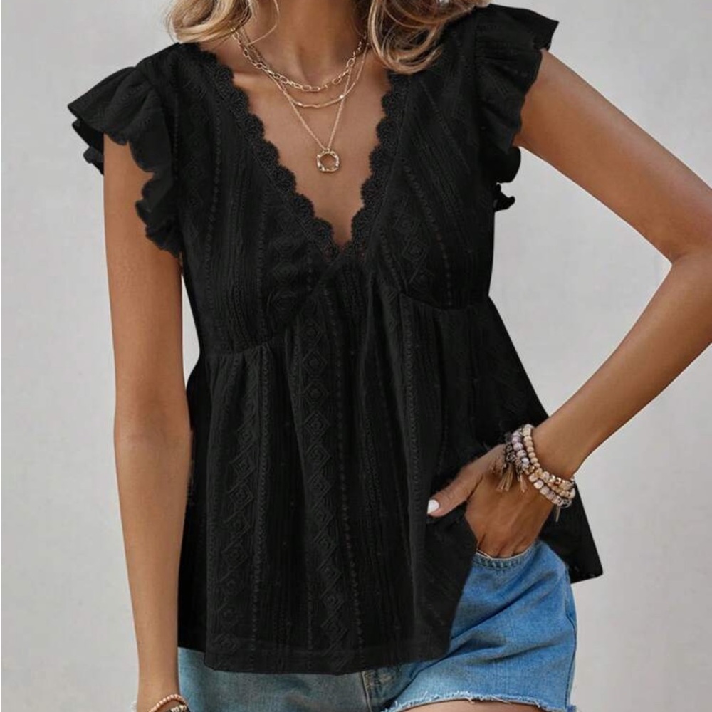 Boho Black v neck ruffle babydoll blouse - Picture 9 of 10